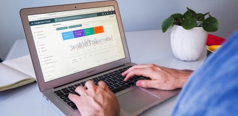 Man using Google Search Console on a laptop