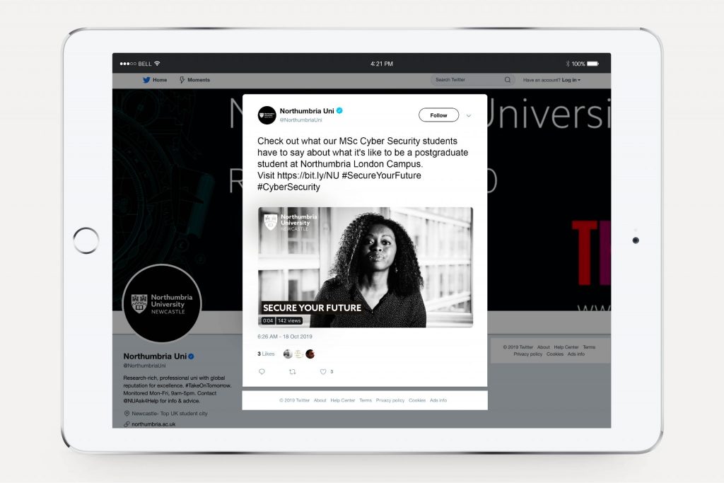 Northumbria University 2 Twitter post on a tablet device