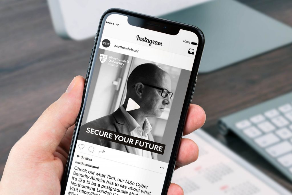 Northumbria University 3 Instagram post on a smartphone