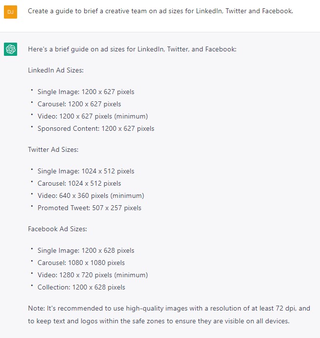 ChatGTP generated social media ad dimensions guide